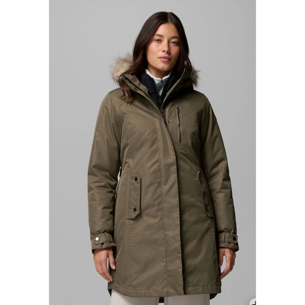 Columbia Interchange Outer Shell Women L Olive Green Sherpa Faux Fur Trim Parka
